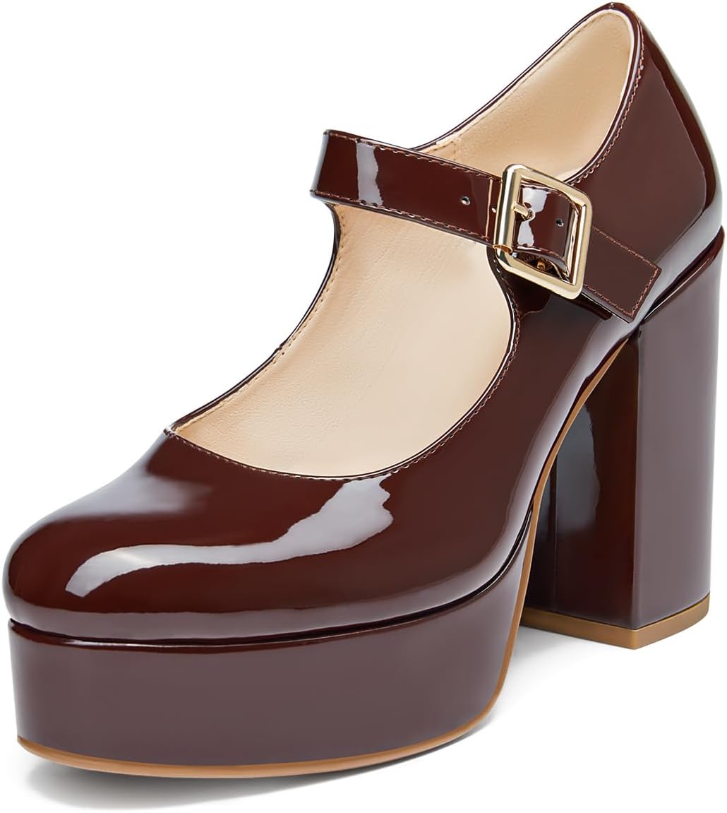 Coutgo Womens' T-Strap Round Toe Chunky Platform Heels Patent Mary Jane Dress Shoes