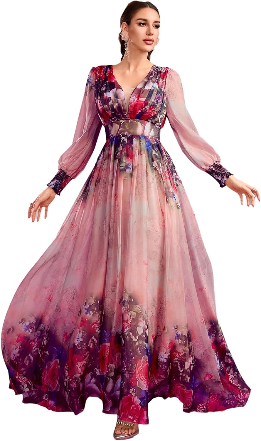 Womens Summer Dresses,Floral Patterns Vintage Elegant Cocktail Long Sleeve Boho Casual Maxi Wedding Guest Dresses for Women