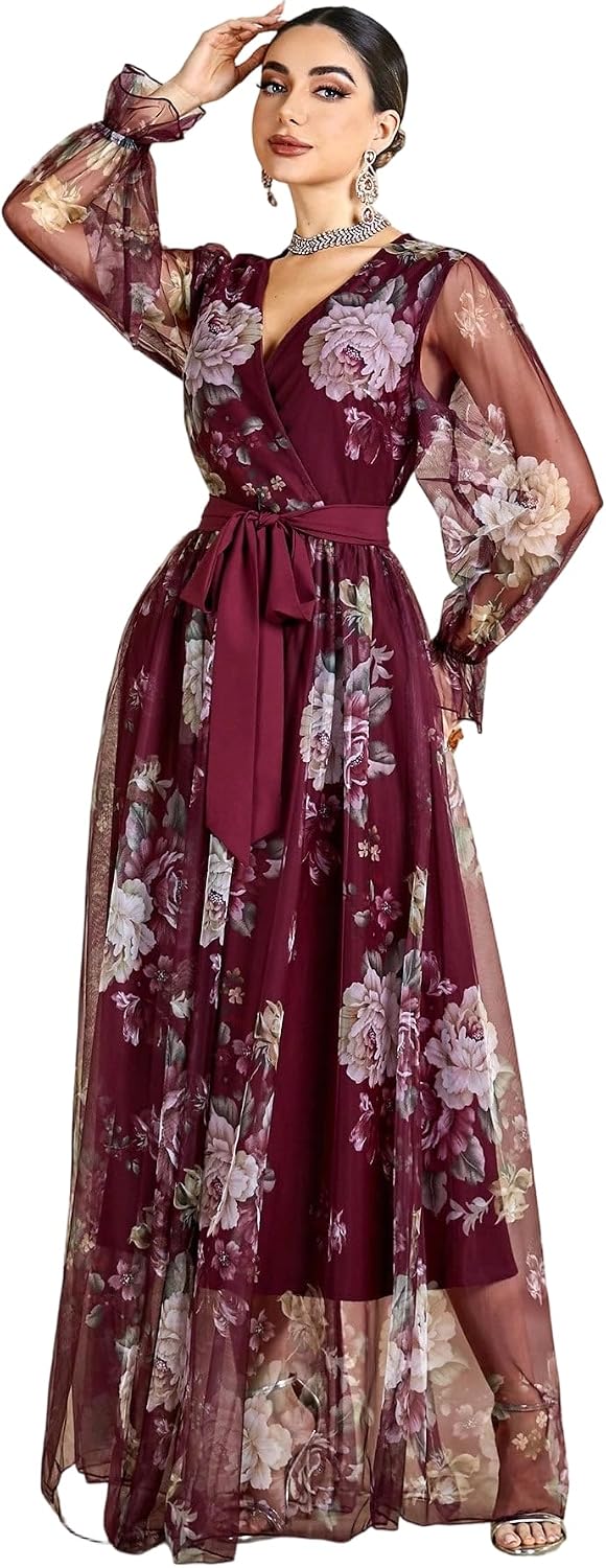Womens Summer Dresses,Floral Patterns Vintage Elegant Cocktail Long Sleeve Boho Casual Maxi Wedding Guest Dresses for Women