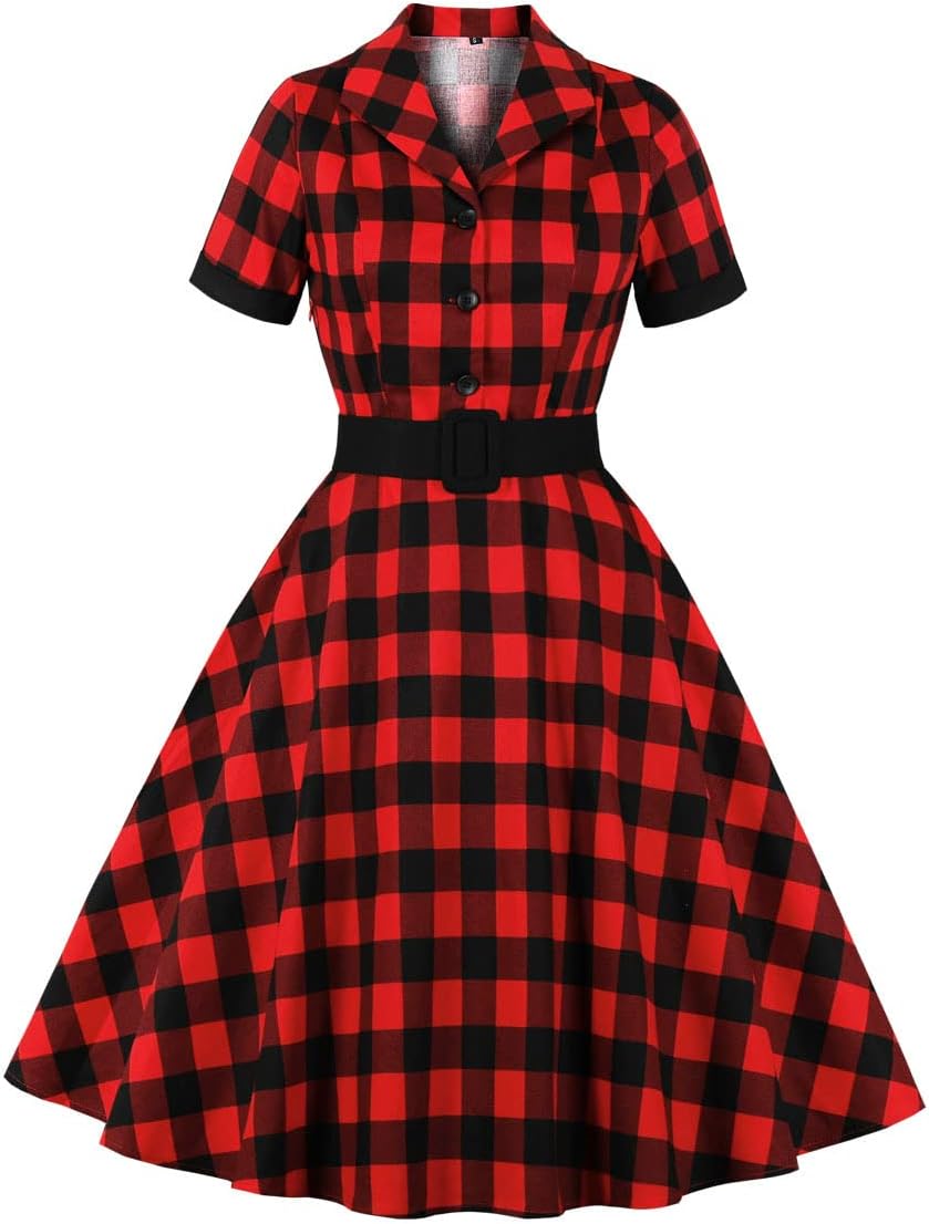 Women 1950s Vintage Short Sleeve Peter Pan Collar Retro Swing A Line Midi Summer Dress Cocktail Party Evening Prom Gown