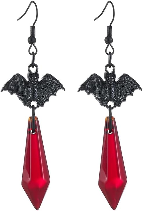 Gothic Dark Bat Dangle Earrings Red Black Crystal Gems Bat Earrings Punk Rock Style Bats Animal Earrings Halloween Costumes Earrings Jewelry for Women