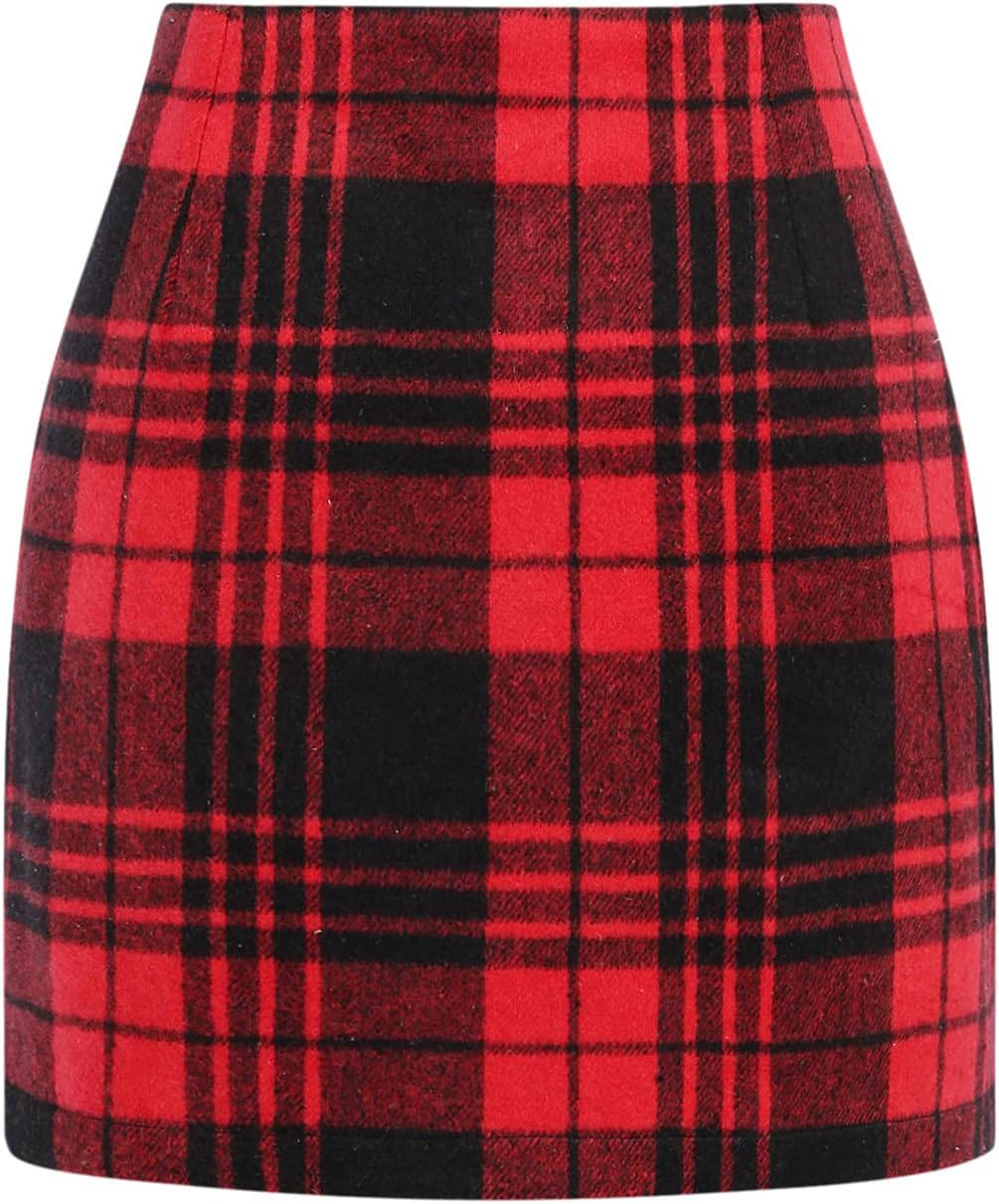 Womens High Waist Plaid Skirt Bodycon Pencil Wool Mini Skirts