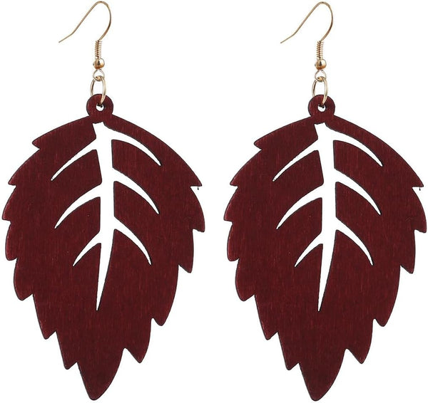 Wooden Palm Leaf Drop Dangle Earrings