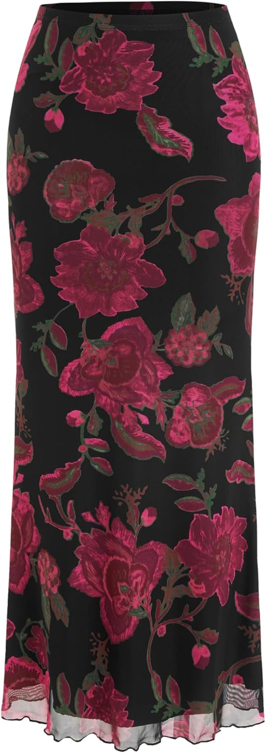 CIDER Women’s Mesh Floral Boho Long Midi Skirts