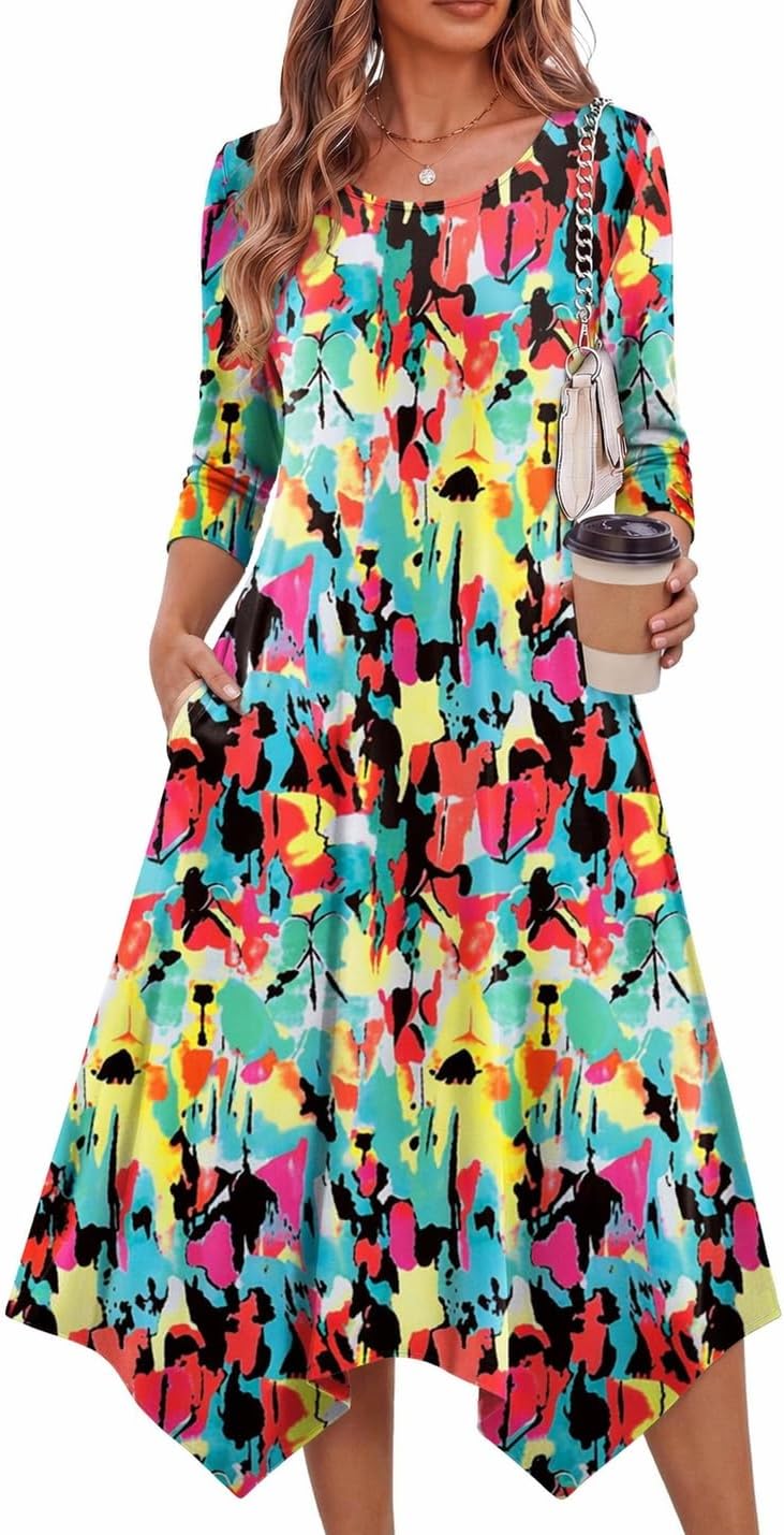 Zeagoo Midi Dresses Women 2026 Dress 3/4 Sleeve A Line Casual Dresses with Pockets