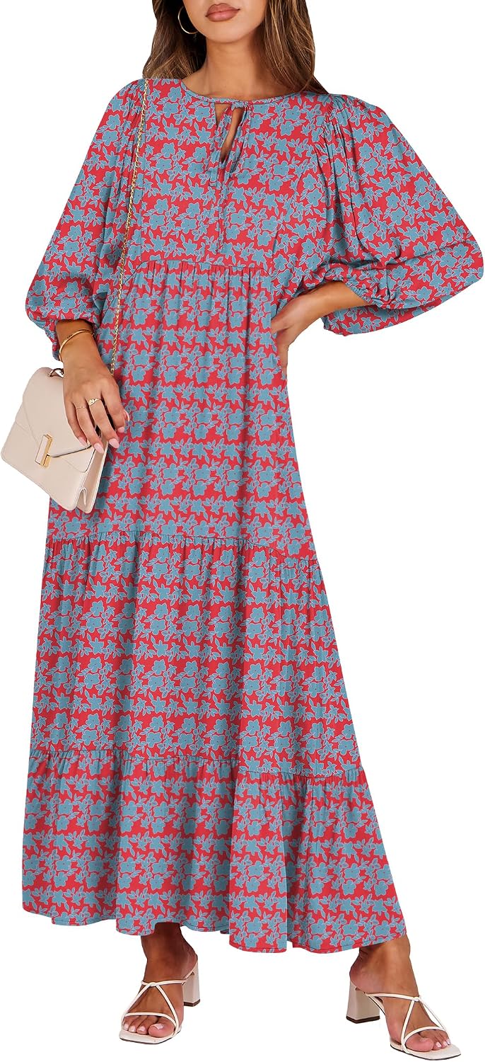 ANRABESS Womens Boho Floral 3/4 Puff Sleeve Maxi Dress