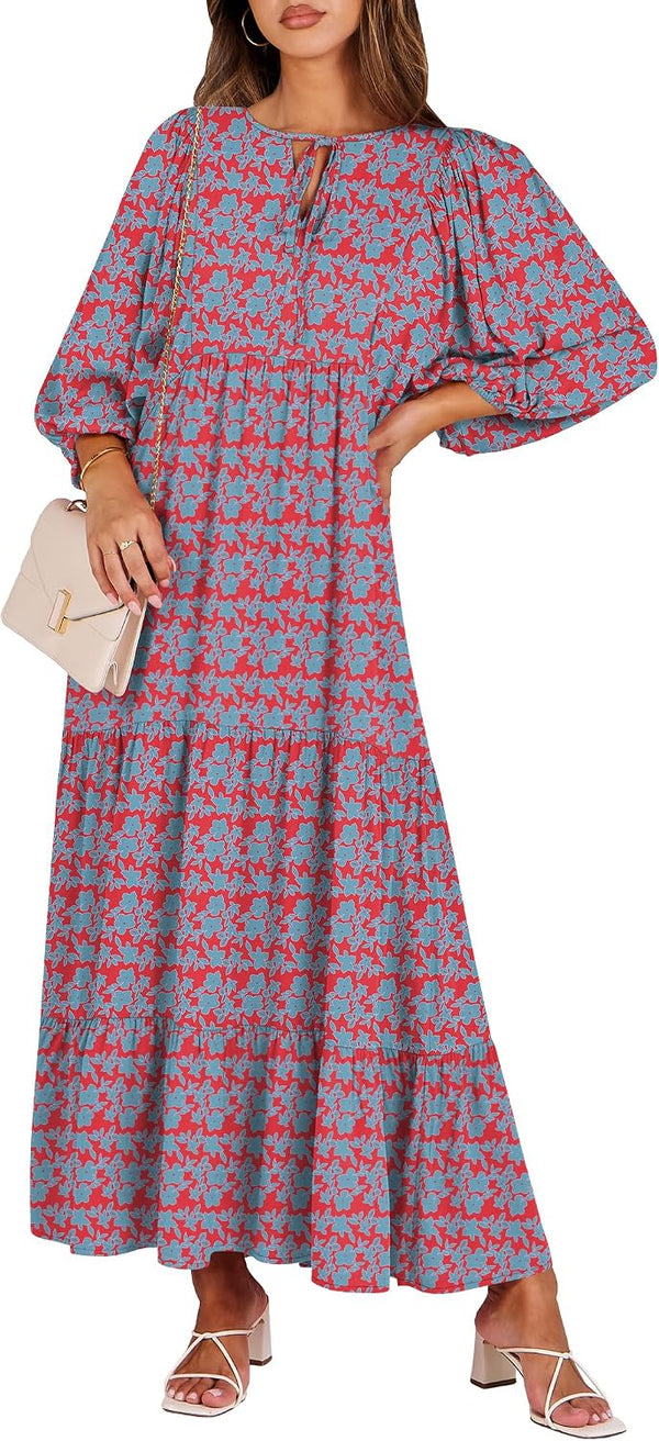 ANRABESS Womens Boho Floral 3/4 Puff Sleeve Maxi Dress