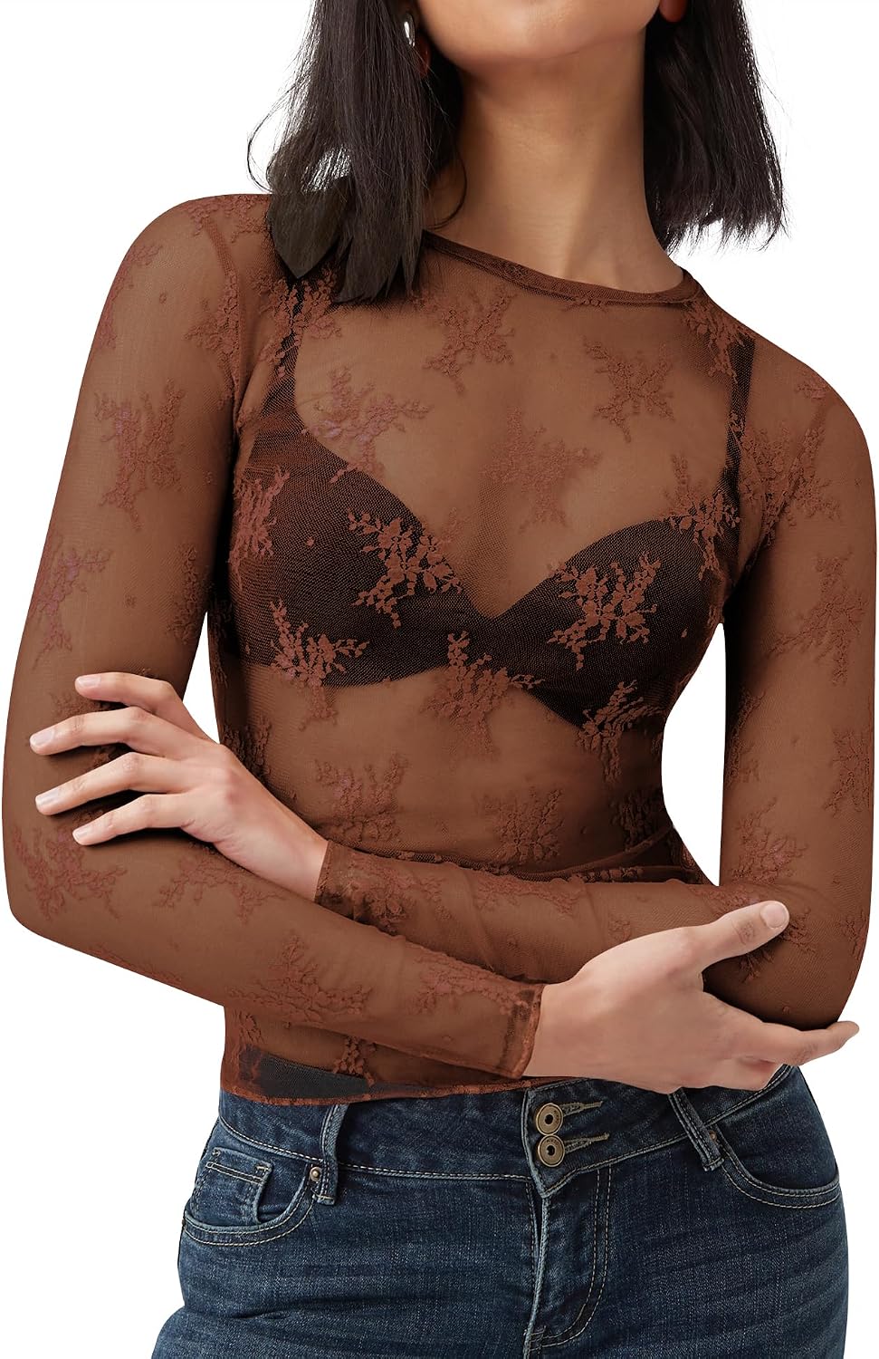 AKEWEI Womens Mesh Long Sleeve Tops Crew Neck Sexy See Through Tee Shirts Party Club Night Lace Blouse Main image