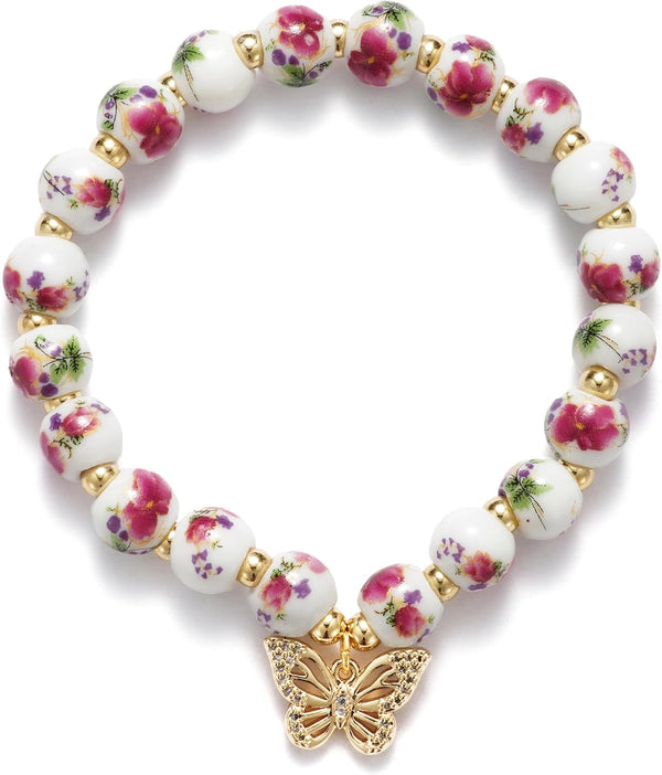 Beaded Bracelets for Women,Bow Charm Blue Flower Gold Plated Jewelry Women