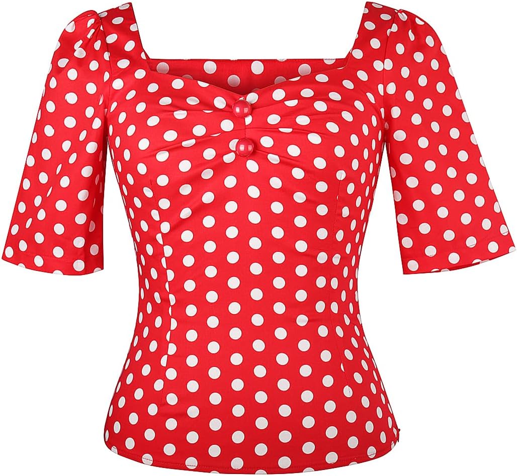 YARN & INK Women's 1950s Pinup Tops, Rockabilly Vintage Blouse Medium Sleeves Sweetheart V-Neck Shirt