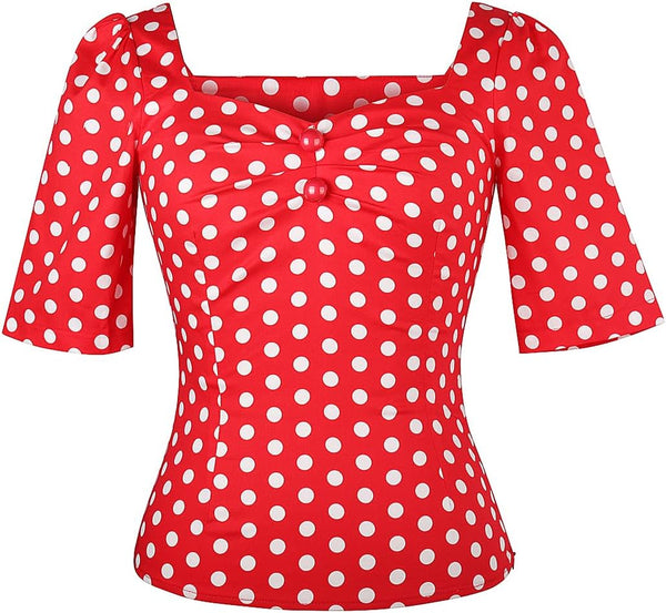 YARN & INK Women's 1950s Pinup Tops, Rockabilly Vintage Blouse Medium Sleeves Sweetheart V-Neck Shirt
