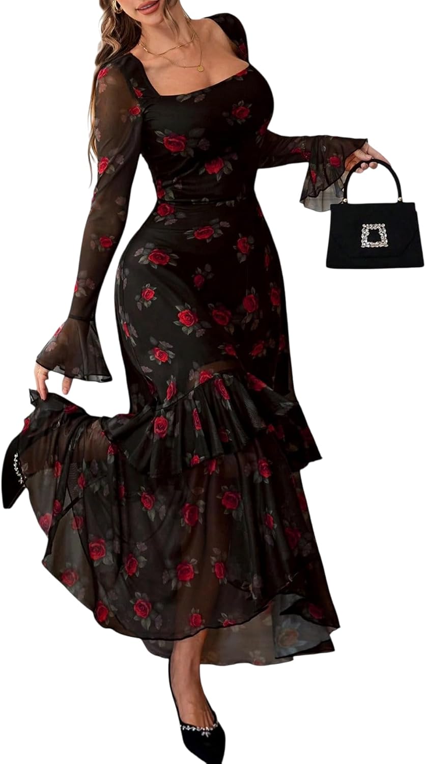 GothDark Women's Floral Mesh Square Neck Fall Wedding Guest Maxi Dress