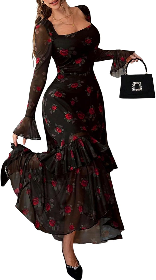 GothDark Women's Floral Mesh Square Neck Fall Wedding Guest Maxi Dress