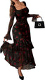 GothDark Women's Floral Mesh Square Neck Fall Wedding Guest Maxi Dress