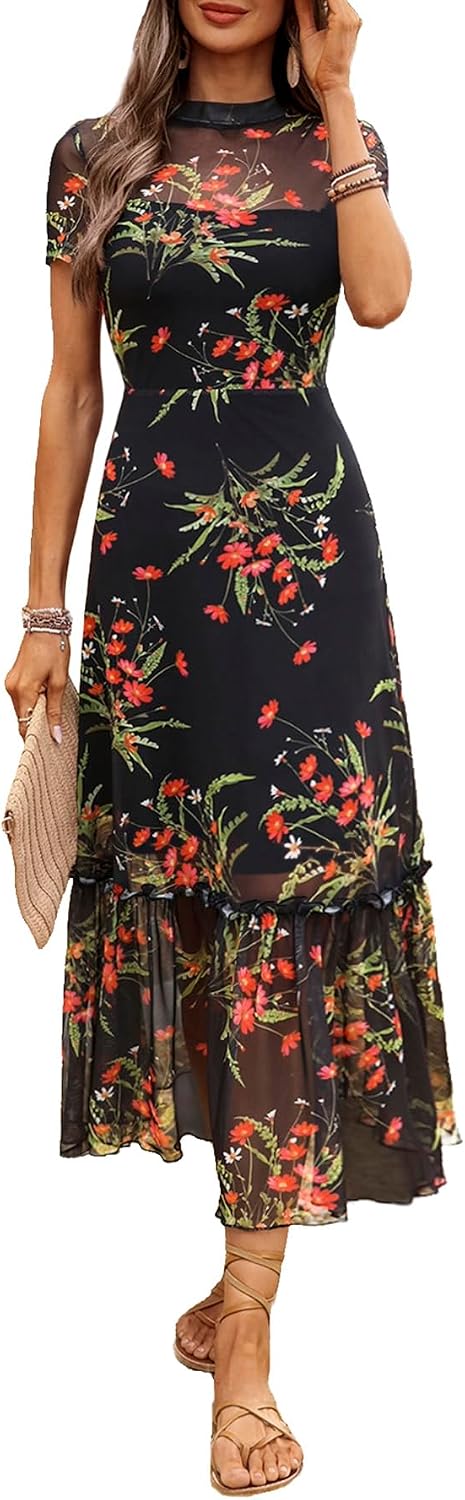 GothDark Women's Summer Floral Mesh Ruffle Casual Maxi Wedding Guest Dress