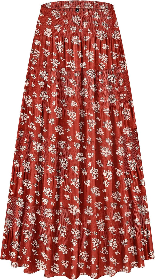 CYiNu Women's Chiffon Elastic High Waist Tiered Pleated Floral Printed A-Line Boho Long Maxi Skirts