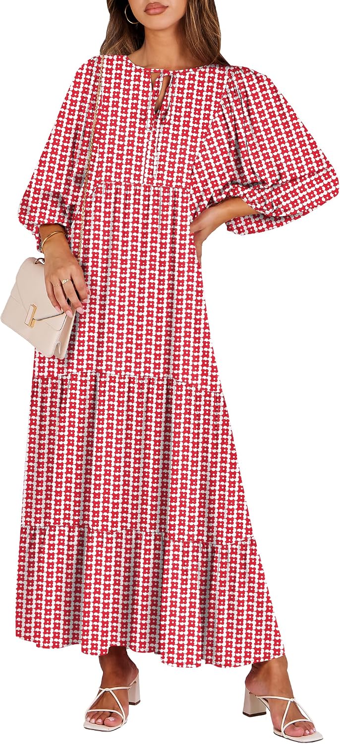 ANRABESS Womens Boho Floral 3/4 Puff Sleeve Maxi Dress