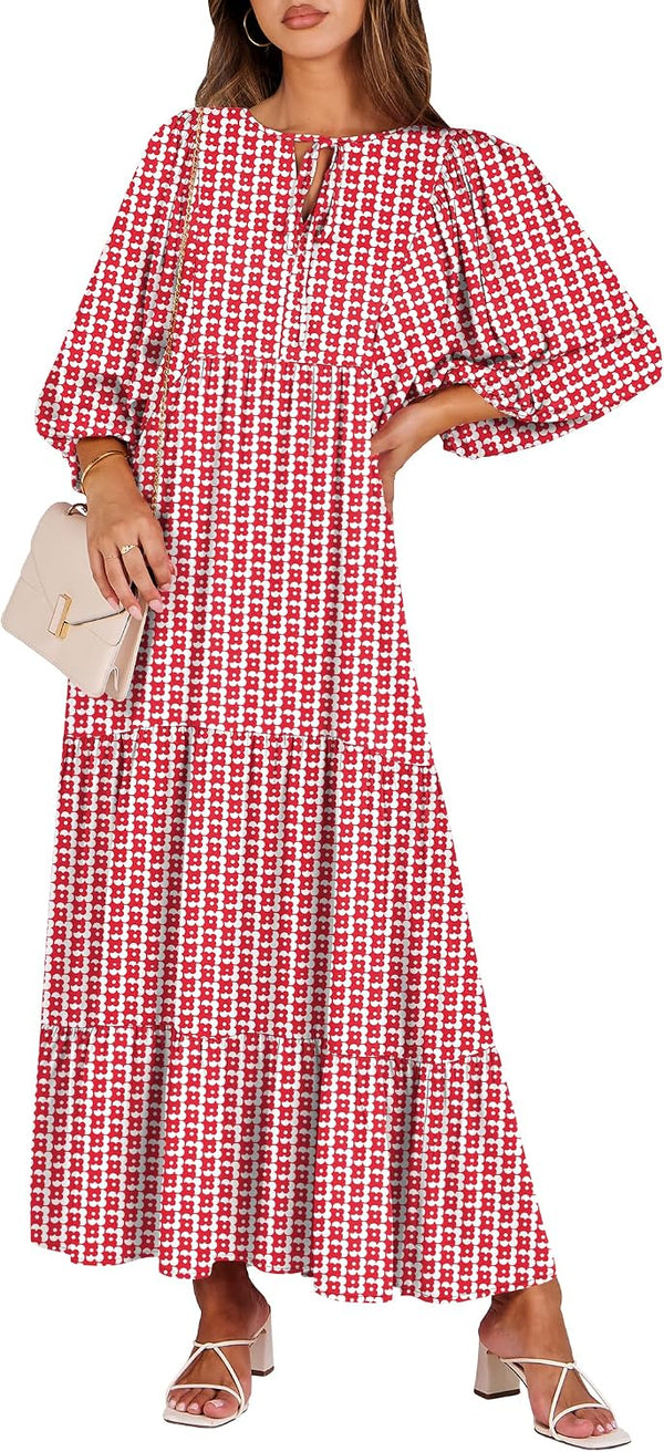 ANRABESS Womens Boho Floral 3/4 Puff Sleeve Maxi Dress