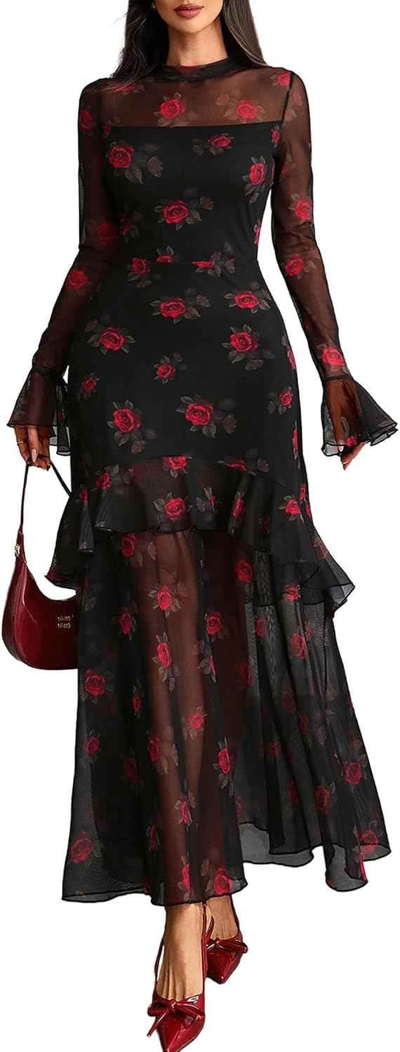 GothDark Women Floral Maxi Dress Bell Sleeve Party Wedding Guest Dresses