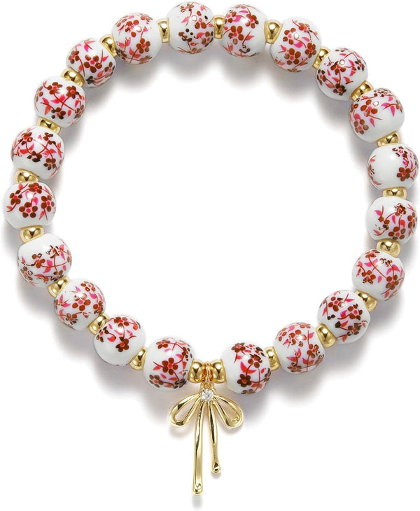 Beaded Bracelets for Women,Bow Charm Blue Flower Gold Plated Jewelry Women