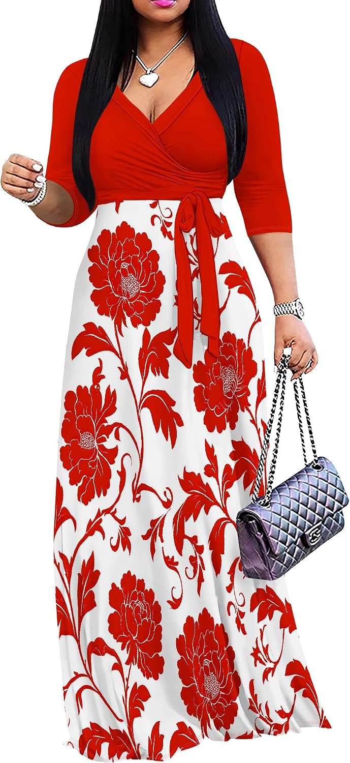 PinkPatty Women's Plus Size V Neck 3/4 Sleeve Boho Maxi Dress with Pockets