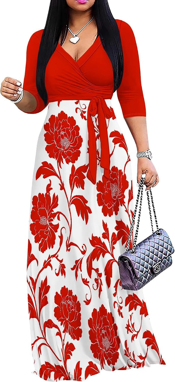 PinkPatty Women's Plus Size V Neck 3/4 Sleeve Boho Maxi Dress with Pockets