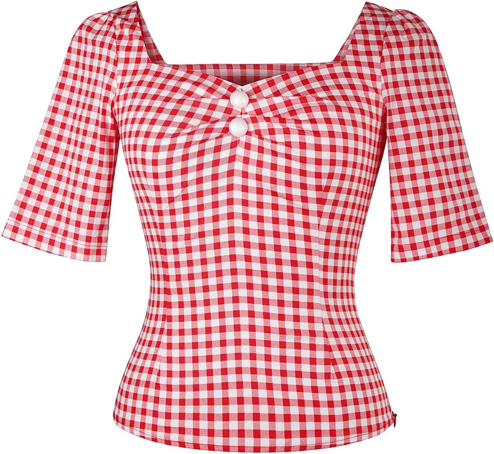 YARN & INK Women's 1950s Pinup Tops, Rockabilly Vintage Blouse Medium Sleeves Sweetheart V-Neck Shirt