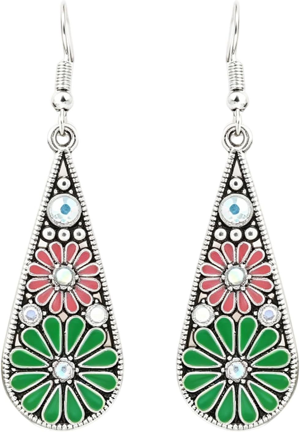 Bohemian Crystal Teardrop Pendant Earring,Vintage Olive Green Hollow Out Flower Floral Dangle Earrings,National Style Geometry Enamel Flower Hook