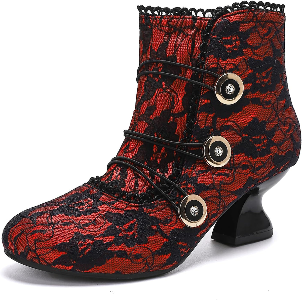 Women's Ankle Boots Low Heels Lace Buttons Round Toe Side Zipper Vintage Short Boots Autumn Winter