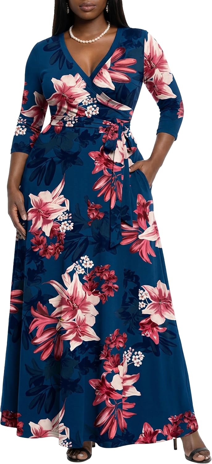 AOMONI Women's Maxi Dresses Summer Casual Wrap Tie Waist Long Dress