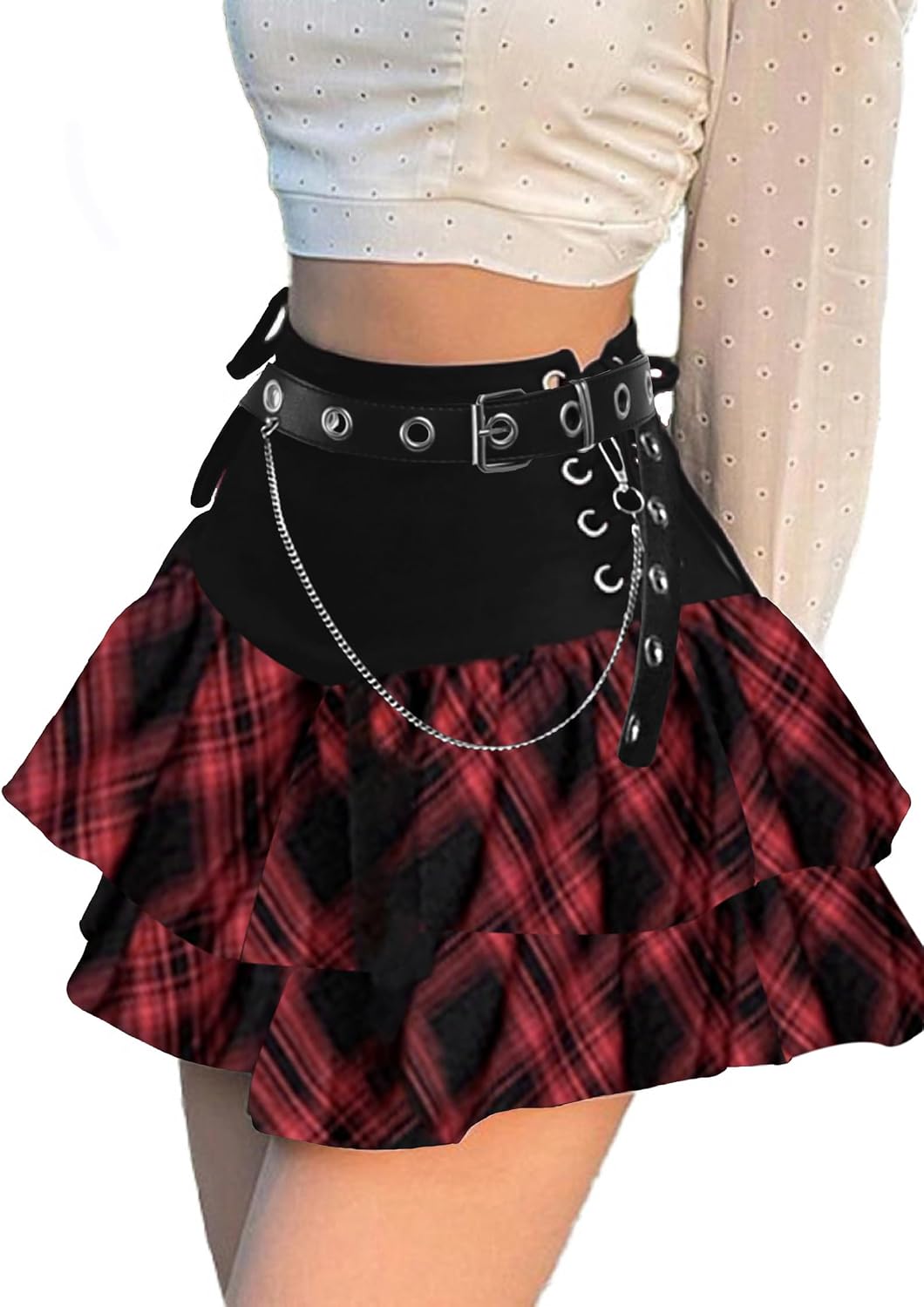 Womens Gothic Skirt Layered Ruffles Mini Emo Y2k Skirt Set