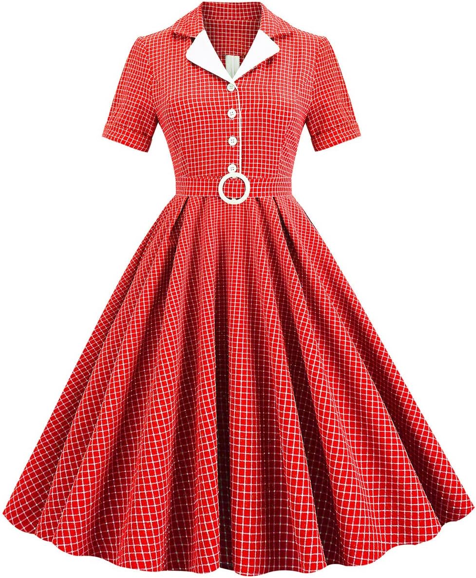 Women 1950s Vintage Short Sleeve Peter Pan Collar Retro Swing A Line Midi Summer Dress Cocktail Party Evening Prom Gown