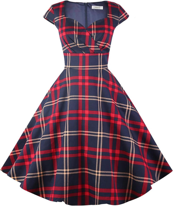 Women's Cap Sleeve 1950s Retro Vintage Cocktail Swing Dresses with Pocket