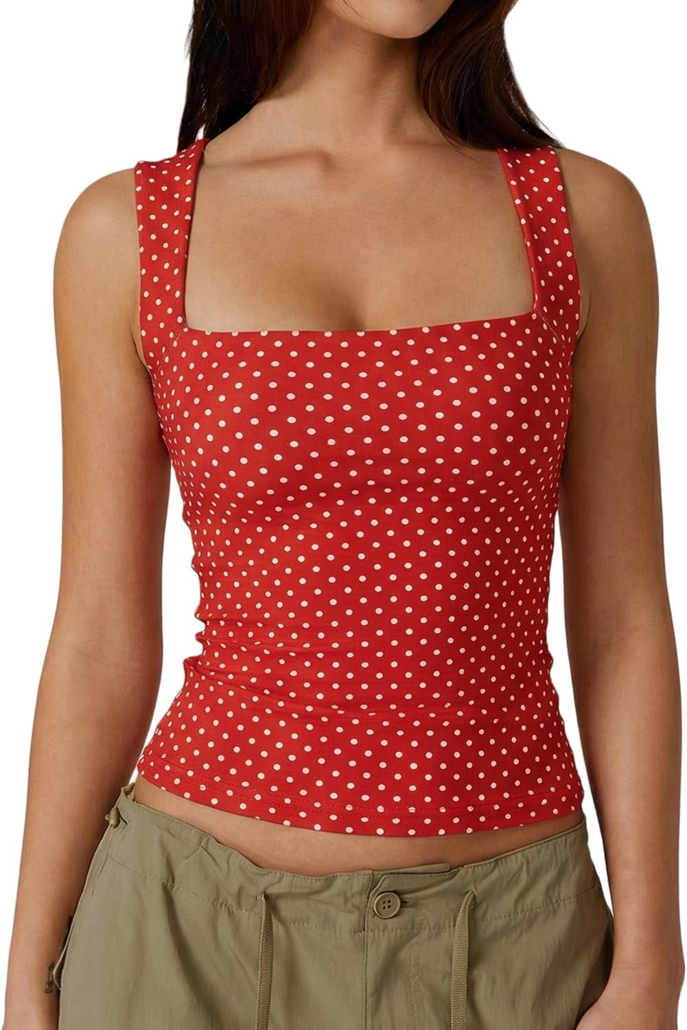 QINSEN Women's Square Neck Sleeveless Double-Layer Tank Tops Basic Tight T Shirts