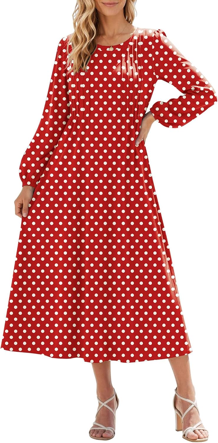 Zeagoo Fall Dresses for Women Long Sleeve Midi Dress Casual A Line Dresses 2026 Pleated Flare Dress with Pockets