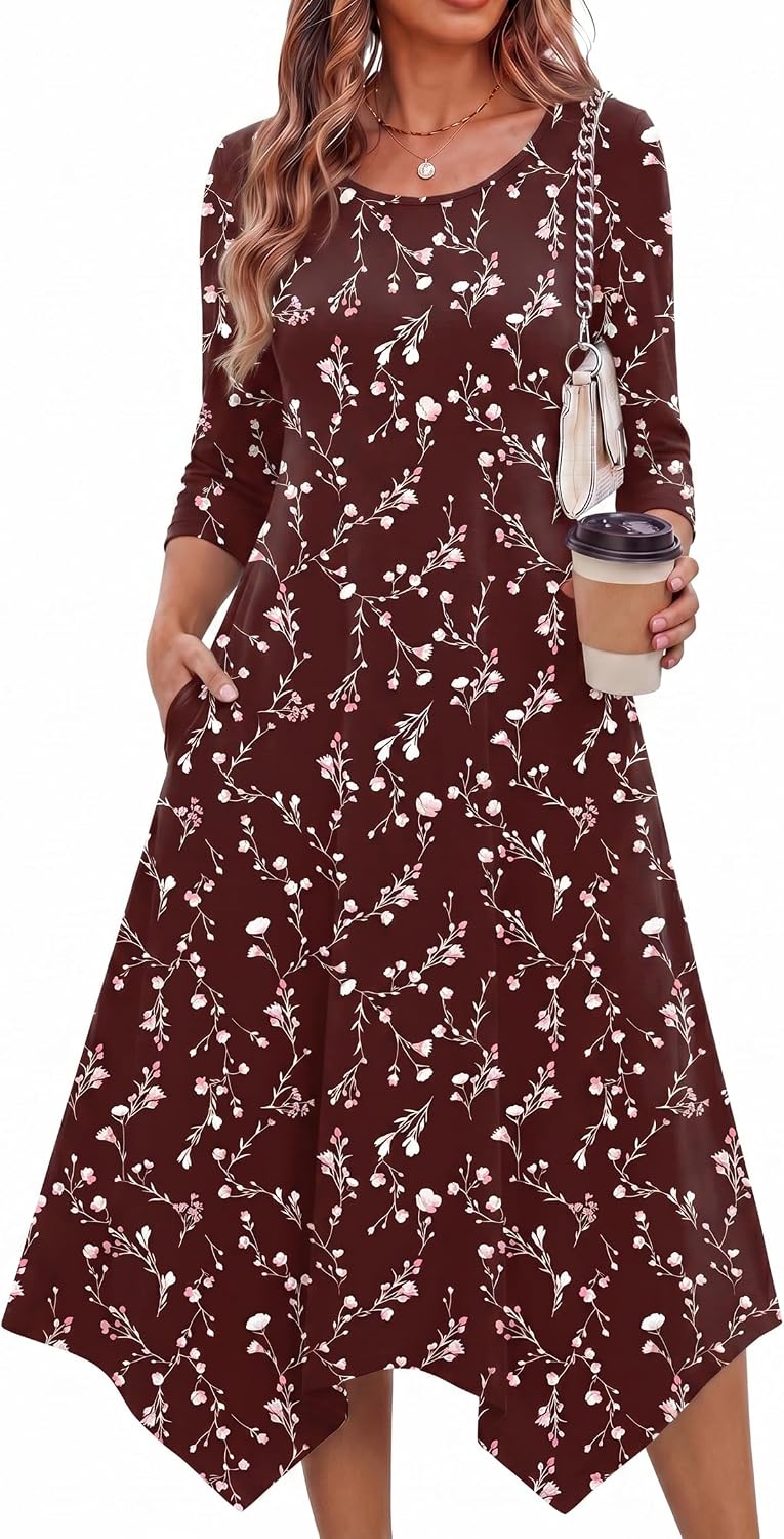 Zeagoo Midi Dresses Women 2026 Dress 3/4 Sleeve A Line Casual Dresses with Pockets