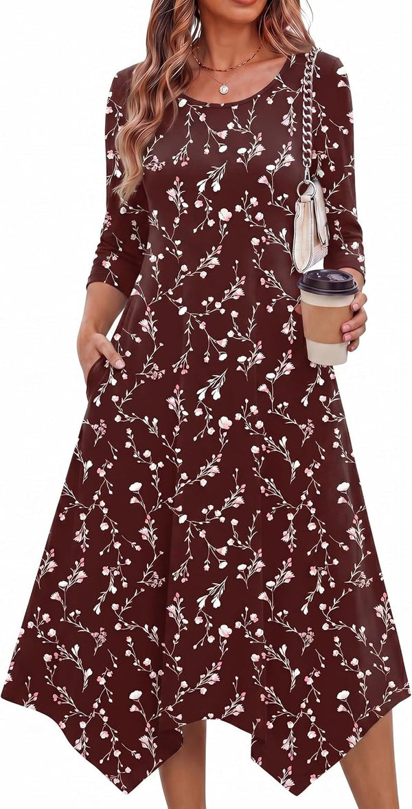 Zeagoo Midi Dresses Women 2026 Dress 3/4 Sleeve A Line Casual Dresses with Pockets