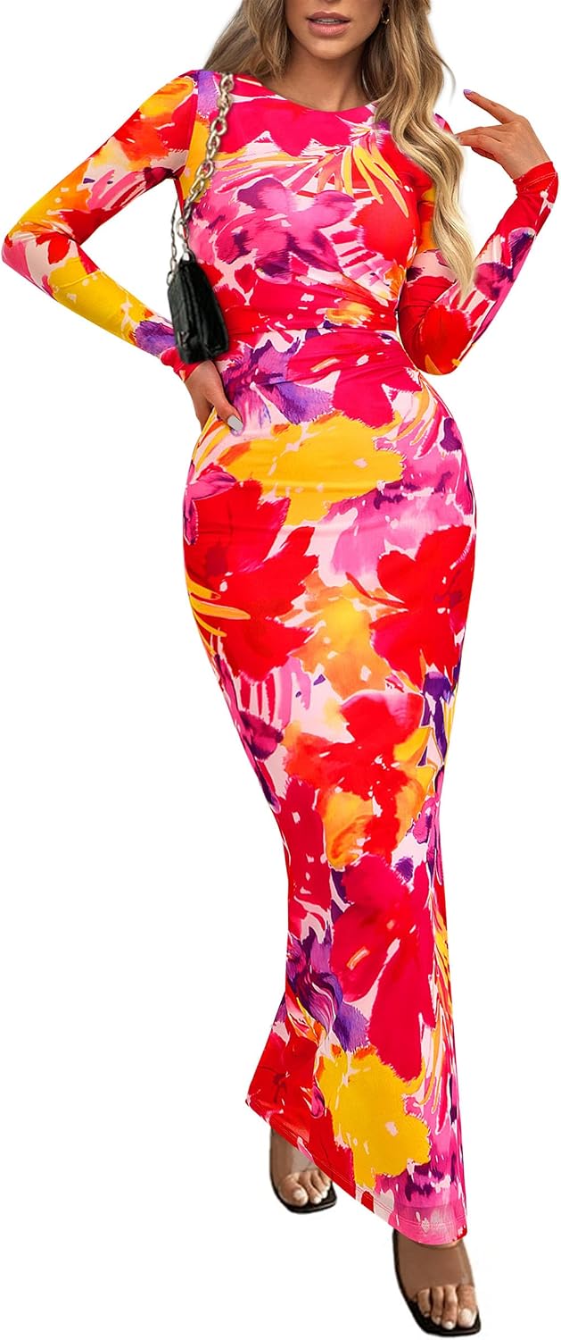 PRETTYGARDEN Women's Floral Bodycon Maxi Fall Dress