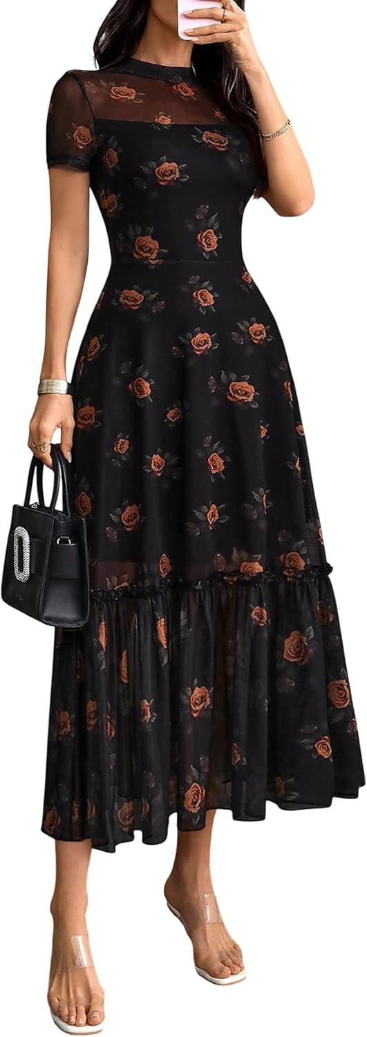 GothDark Women's Summer Floral Mesh Ruffle Casual Maxi Wedding Guest Dress