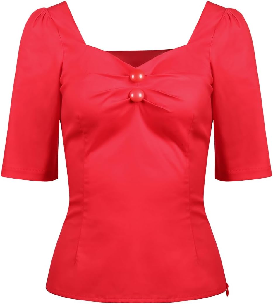 YARN & INK Women's 1950s Pinup Tops, Rockabilly Vintage Blouse Medium Sleeves Sweetheart V-Neck Shirt