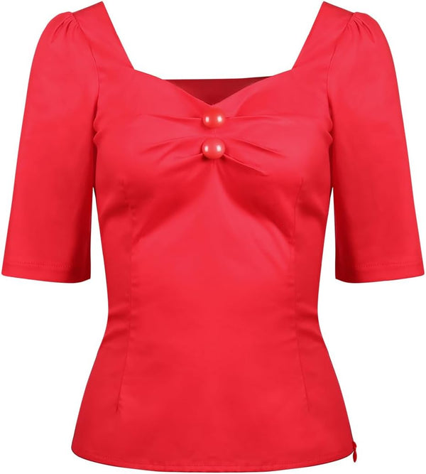 YARN & INK Women's 1950s Pinup Tops, Rockabilly Vintage Blouse Medium Sleeves Sweetheart V-Neck Shirt