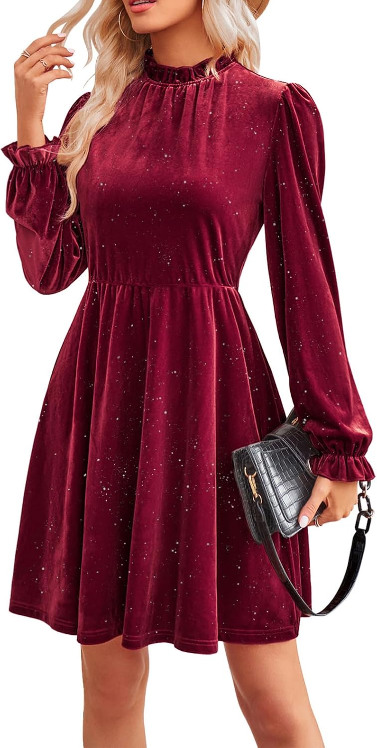 Jayscreate Women's Long Sleeve Winter Fall Wedding Guest Velvet Short Dress