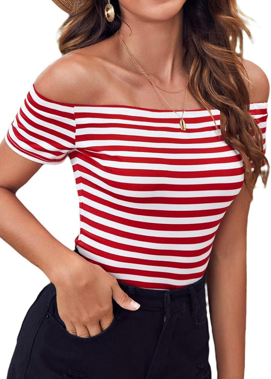 LilyCoco Off The Shoulder Tops for Women Striped Short Sleeve Sexy Going Out Top