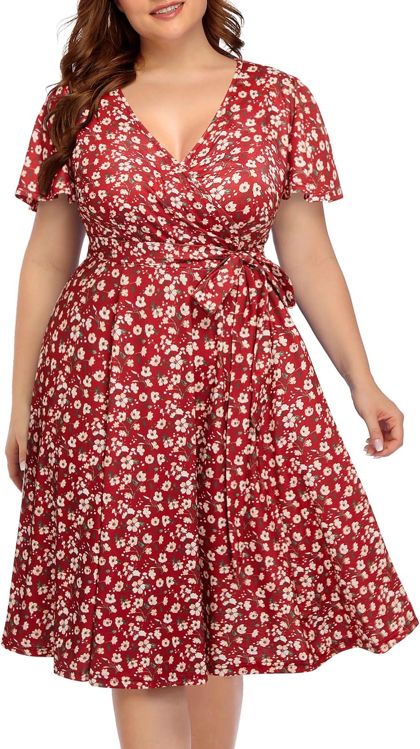 Pinup Fashion Plus Size Wedding Guest Semi Formal Cocktail Wrap Knee Dress | Knit, faux wrap v-neck, short ruffle sleeves, empire waist, removable belt, knee-length, wedding guest, semi formal, easter