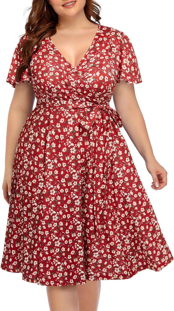 Pinup Fashion Plus Size Wedding Guest Semi Formal Cocktail Wrap Knee Dress | Knit, faux wrap v-neck, short ruffle sleeves, empire waist, removable belt, knee-length, wedding guest, semi formal, easter