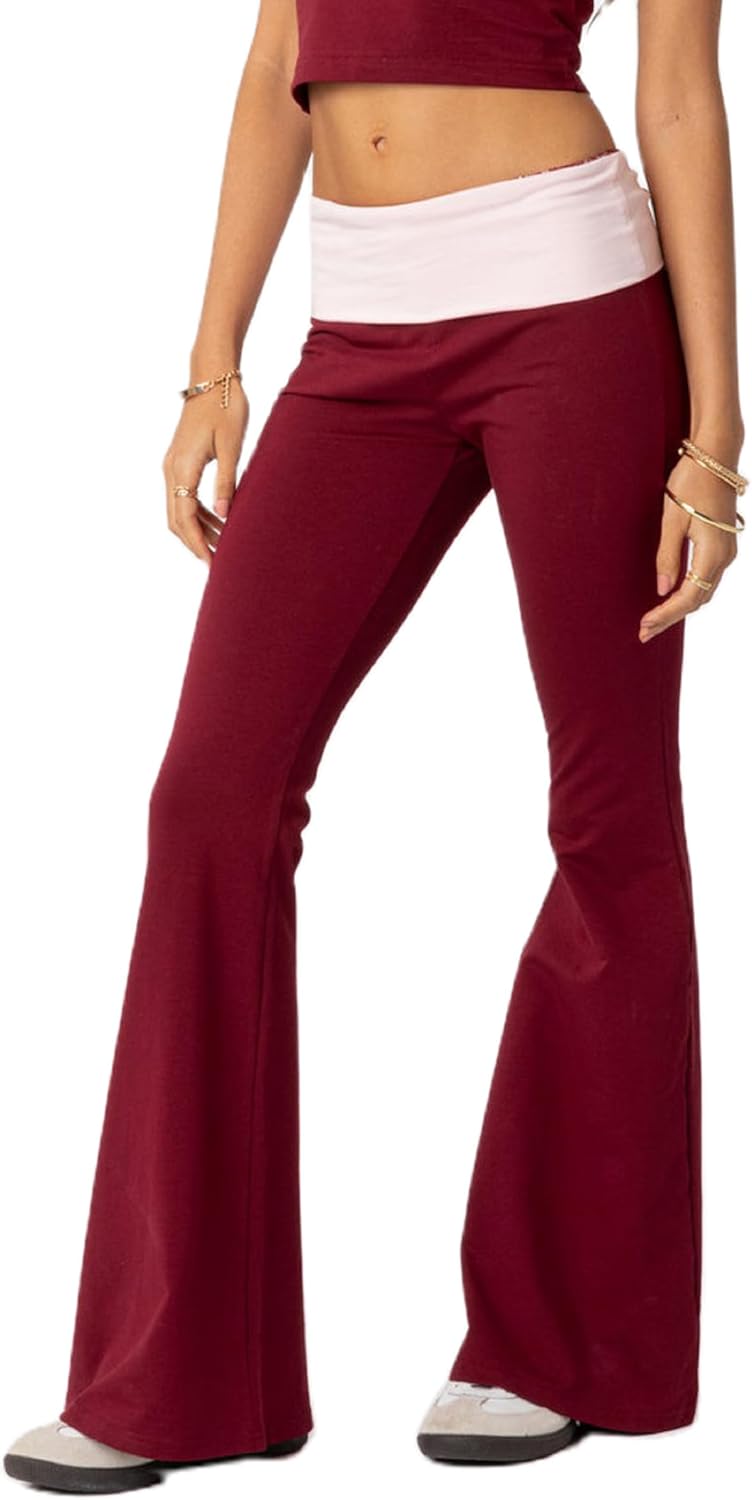 Women's Flare Skinny Pants Fold Over Leggings Stretch