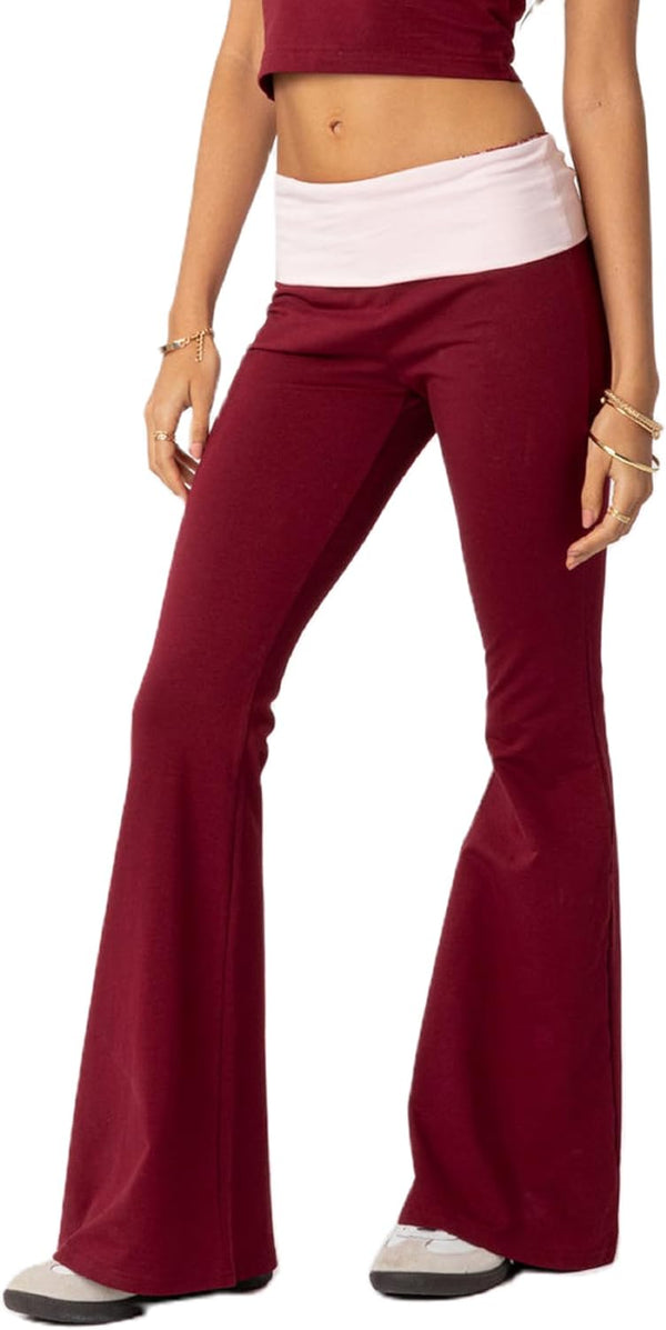 Women's Flare Skinny Pants Fold Over Leggings Stretch