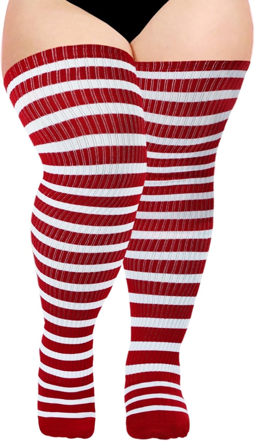 Moon Wood Plus Size Thigh High Socks for Women Knit Cotton Extra Long Striped Over the Knee High Socks Leg Warmers