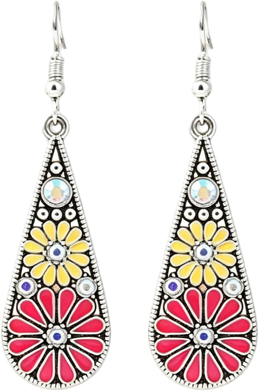 Bohemian Crystal Teardrop Pendant Earring,Vintage Olive Green Hollow Out Flower Floral Dangle Earrings,National Style Geometry Enamel Flower Hook