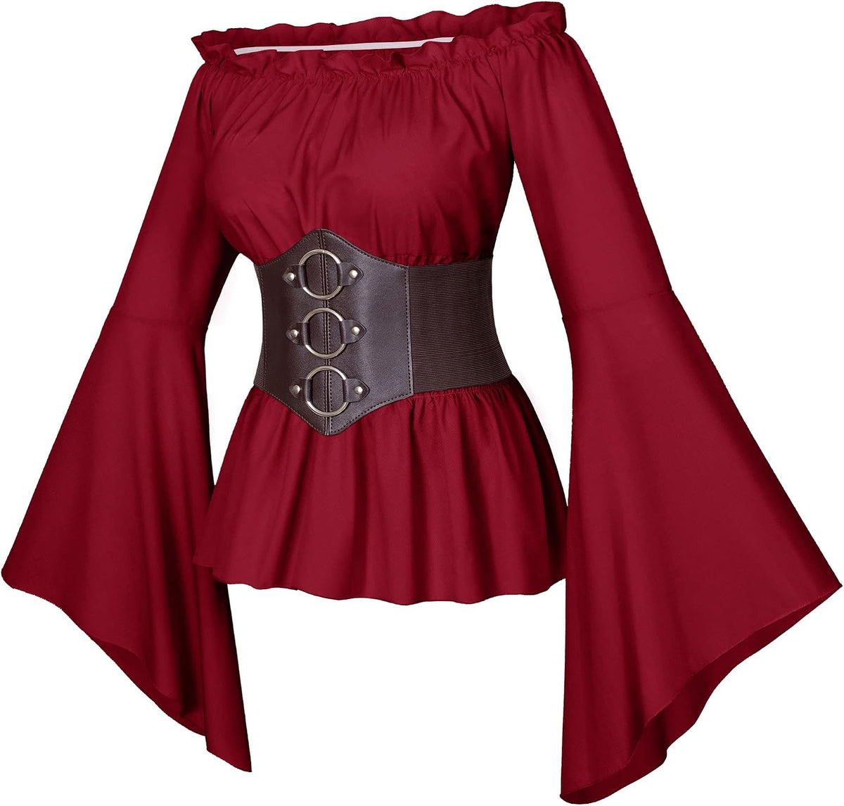 Womens Renaissance Victorian Peasant Ruffle Smocked Waist Boho Pirate Shirt Blouse with Belt Set Main image